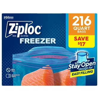 Ziploc Freezer Bags, Quart, 216 Count, Clear, 4 Boxes