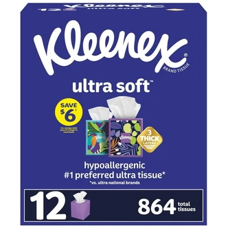 Kleenex Ultra Soft Facial Tissue, 72 Count, 3 Ply, Assorted Designs, 12 Boxes