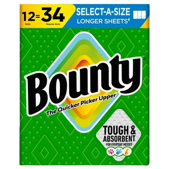 Bounty Paper Towels, Select-A-Size, 11" x 6.1", 2-Ply, White, 12 Rolls