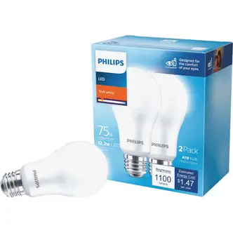 Philips LED A19 Light Bulb, Medium Base, 75W Equivalent, Soft White, Frosted, 1100 Lumens, 2/PK