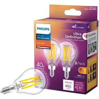 Philips LED A-Line Light Bulb, A15, Candelabra Base, Soft White, Dimmable, 450 Lumens, 2/PK