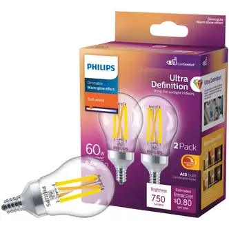Philips Ultra Definition LED A-Line Light Bulb, A15, Candelabra Base, Dimmable, 60W Equivalent, Soft White, 2/PK