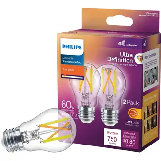 Philips Ultra Definition Warm Glow A15 LED Light Bulb, Medium Base, Soft White, Dimmable, 2/PK