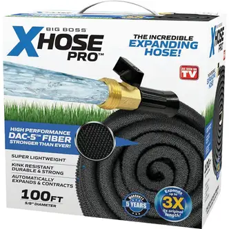 Big Boss XHose Pro Expandable Hose, 5/8 in Dia x 100 ft, Black, Brass Fittings, Crush Resistant, UV Resistant