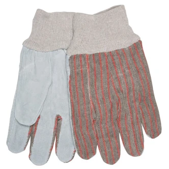 MCR Safety Leather Palm Gloves, Large, Knit Wrist, Split Cowhide, Unlined, Red/Gray Stripe, 12/Pairs