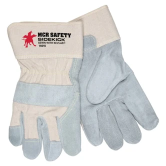 MCR Safety SideKick Leather Palm Gloves, Medium, White, Rubberized Safety Cuff, Fleece Palm, 12/Pairs