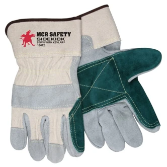 MCR Safety SideKick Leather Palm Gloves, Large, White, Double Leather Palm, Safety Cuff, 12/Pairs