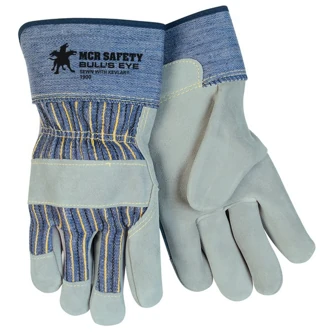 MCR Safety Bull's Eye Leather Palm Gloves, X-Large, Safety Cuff, Blue/Yellow/Black Stripe, 12/Pairs