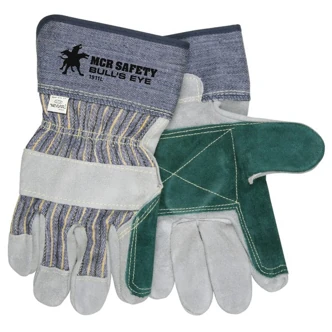 MCR Safety Bull's Eye Leather Palm Gloves, Large, Safety Cuff, Double Palm, Split Leather, Blue/Yellow/Black Stripe, 12/Pairs