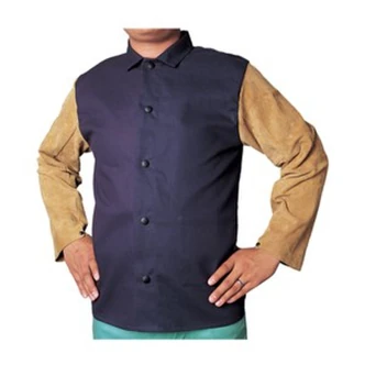 Weldas COOL FR Jacket, 9 oz Cotton FR, 30" Leather Sleeves, Navy Blue, Medium