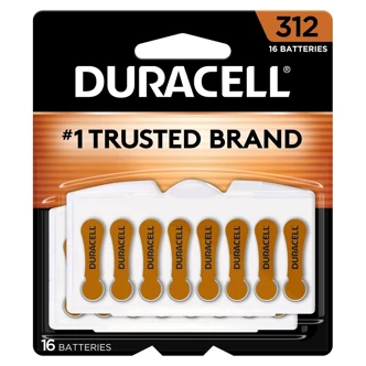 Duracell 312 Hearing Aid Batteries, Zinc Air, 1.45 V, 185 mAh, 16/PK