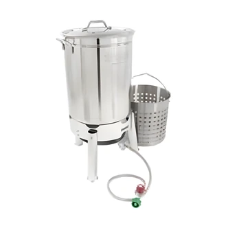 Barbour International Stock Pot Cooker Kit, 44 qt, Stainless Steel, Vented Lid, Perforated Basket, 10 PSI Regulator