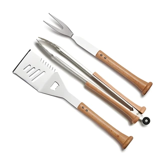 Baseball BBQ Triple Play Combo Set, Grill Tool Set, Wooden Bat Handle, Stainless Steel, 3-Piece