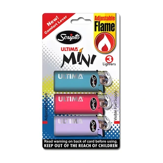 Calico Scripto Ultima Mini Pocket Lighter, 3/PK, Polycarbonate, Blue/Yellow/Red