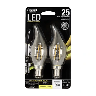 Feit Electric LED Flame Tip Bulb, Dimmable, Clear, 2700K, 25W Equiv., 2.2 W, Candelabra Base, 2/PK
