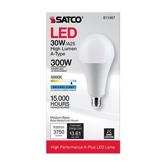 Satco LED Light Bulb, A25, 30W, 5000K, 3750 Lumens, Non-Dimmable, E26 Base, Damp Location Rated
