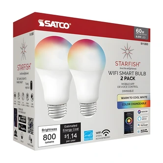 Satco Starfish Smart LED Bulb, A19, Wi-Fi, Color Tunable White, RGB, Dimmable, 800 Lumens, 2/PK