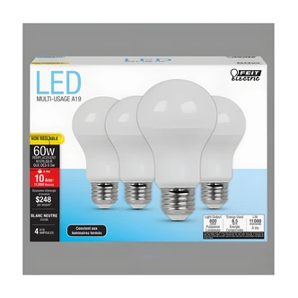Feit Electric LED Bulb, 8.5W, 3500K, Non-Dimmable, 60W Equivalent, 4/PK