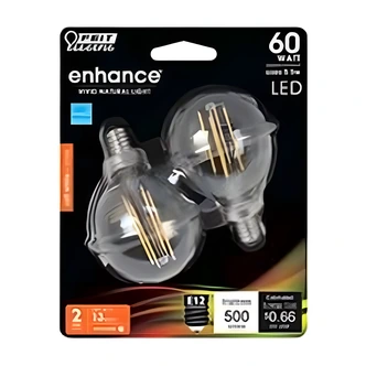 Feit Electric Decorative LED Globe Bulb, 60 W, 120 V, 500 Lumens, 2700 K, Clear, 1.9 in Dia, 2/PK