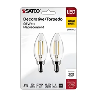 Satco LED Candelabra Base Bulb, Clear, 2.5W, 2700K, Dimmable, 120V, Warm White, 2/CT