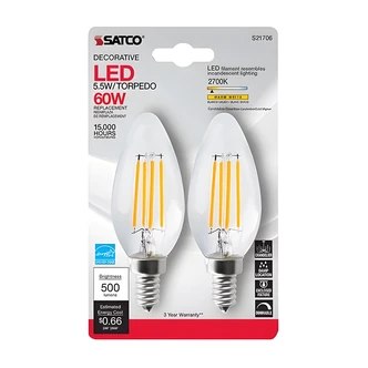 Satco LED Candelabra Base Bulb, Clear, 2700K, 500 Lumens, Dimmable, 2/CT