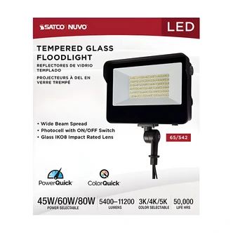 Satco Nuvo LED Floodlight, Tempered Glass, Watt/CCT Selectable, IP66, Surge Protection, Bypassable Photocell