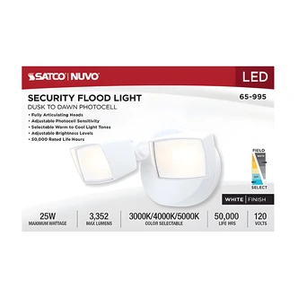 Satco Nuvo LED Security Flood Light, Dual Head, Wall-Mount/Eave, Dusk-To-Dawn, Field Selectable, 17-25 W, White