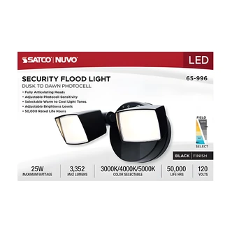 Satco Security Flood Light, 2 Head, Wall-Mount, Dusk-To-Dawn Photocell, Adjustable Color Temperature, LED