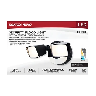 Satco Nuvo LED Security Flood Light, Wall-Mount, Black, Dusk-To-Dawn Photocell, Dual Head, 25 W, PIR Motion Sensor