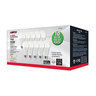 Satco A19 LED Light Bulb, 14 W, E26, 3000K, 100W Replacement, Medium Base, 220 Beam Angle, 10/PK
