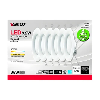 Satco LED Downlight Retrofit, 5-6 in, 9.2 W, 3000K, 90 CRI, 120V, 6/PK