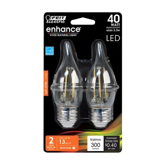 Feit Electric Flame Tip Chandelier Bulb, Clear, Dimmable, 2700K, 300 Lumens, 3.3 W, 40 W Equiv, Medium Base
