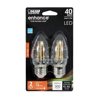 Feit Electric LED Chandelier Bulb, Torpedo Tip, Clear, Dimmable, 2700K, 300 Lumens, 3.3 W, 2/PK