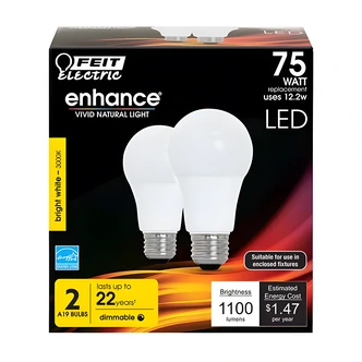 Feit Electric A19 LED Light Bulb, Dimmable, 11W, Bright White, 2/PK