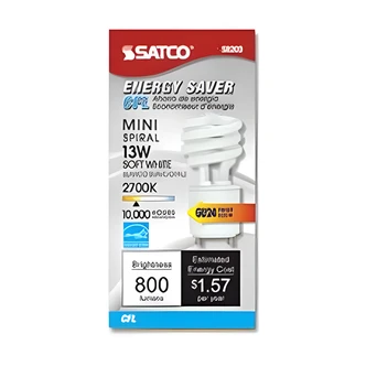 Satco GU24 Compact Fluorescent Bulb, 13W, Warm White, 2700K, 800 Lumens, 6/CT