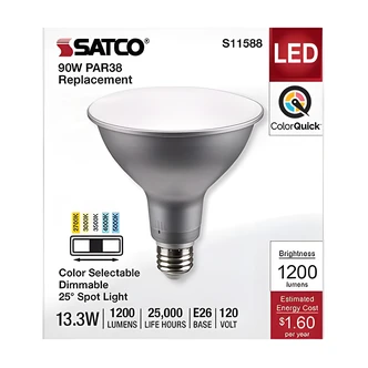 Satco PAR38 LED Spot Light Bulb, 5 CCT, Wet Location, Enclosed Fixtures, 120V, 13.3 W, 13.3 in
