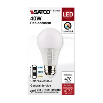 Satco Nuvo ColorQuick LED Bulb, A19, E26 Base, 3-CCT, 90 CRI, Damp Rated, Enclosed Fixtures