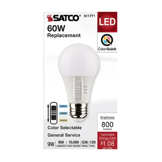 Satco Nuvo A19 LED Light Bulb, ColorQuick, 14W, 3000-5000K, E26 Base, 90 CRI, Dimmable