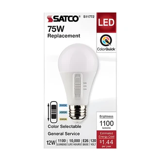 Satco Nuvo A19 LED Bulb, ColorQuick, 14W, 3CCT, E26, 90 CRI, Damp Location, Enclosed Fixture Rated
