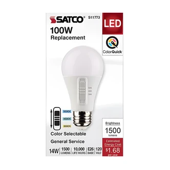 Satco Nuvo A19 LED Bulb, ColorQuick, 3CCT, E26, 14W, 90 CRI, Damp Location, Enclosed Fixture Rated