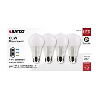 Satco Nuvo A19 LED Bulb, Color Select, Dimmable, 3000-5000K, E26, 4/PK