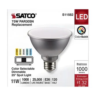 Satco Nuvo LED PAR30 Bulb, Long Neck, 5CCT, 25 Degree Beam, 120V, Indoor/Outdoor
