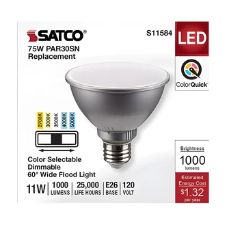 Satco Nuvo LED PAR30 Light Bulb, Long Neck, 5 CCT, 2700K-5000K, 120V, Spot Light