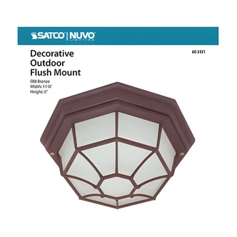 Satco Decorative Outdoor Flush Mount, Spider Cage, Die-Cast, Clear Glass, 12" Dia, Old Bronze