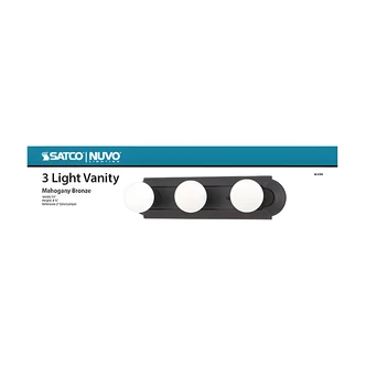 Satco Racetrack Vanity Light, Mahogany Bronze, White Glass Shades, 3-Light, Damp Location Rated