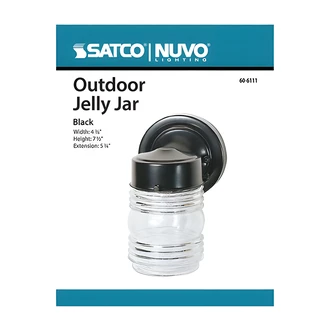 Satco Outdoor Mason Jar Light, Wall-Mount, Clear Glass, Black Finish, 6" W x 4.5" D x 8" H