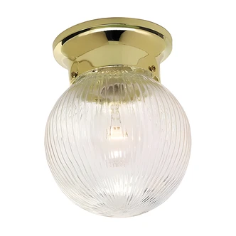 Satco Light Fixture, Brass, 6" W x 6" D x 8" H, Clear Ribbed Glass, Sloped Ceiling Compatible