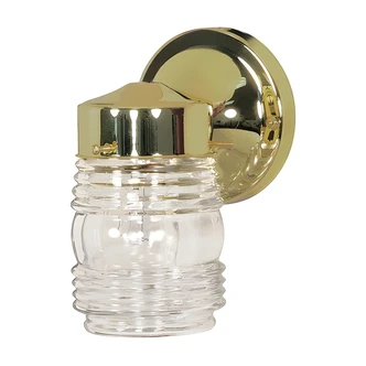 Satco Light Fixture, Mason Jar, Brass, Clear Ribbed Glass, 6 in, 7.5 in H, Hardwire
