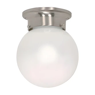 Satco Flush Mount Fixture, Ball, Brushed Nickel, White Glass, 6.5" W x 6.5" D x 8" H
