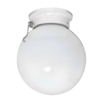Satco Reflector Fixture, One Light, 6" Ball, White Glass, Steel Base, Pull Chain, Damp Location Rated